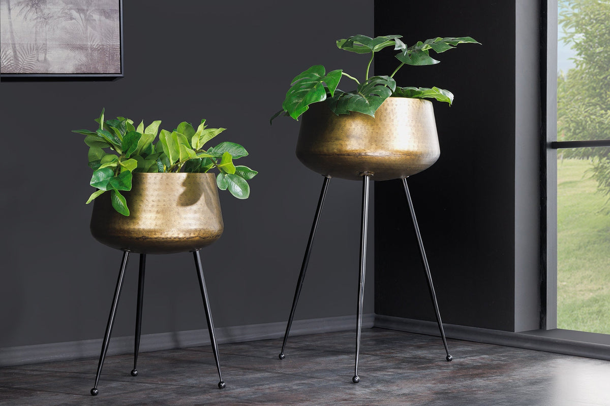 Lot de 2 pots de fleurs FLEURS 65cm laiton doré noir design martelé