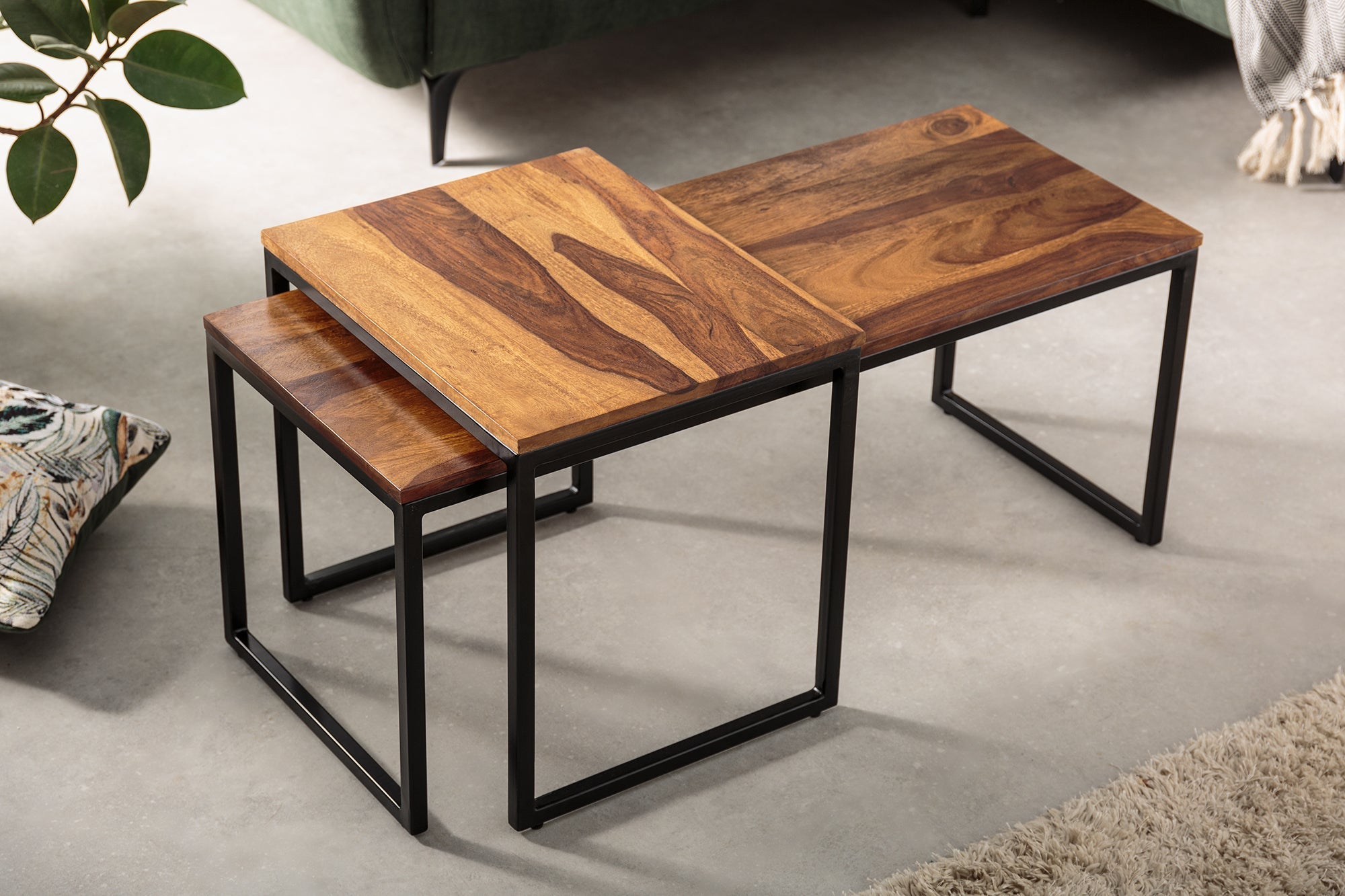 Lot de 2 tables basses design ELEMENTS 100cm bois massif finition pierre structure métal
