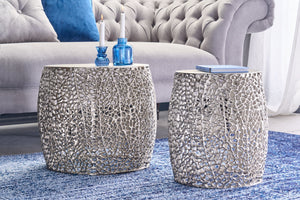 Lot de 2 tables basses design filigrane ABSTRACT LEAF argent antique fait main ronde