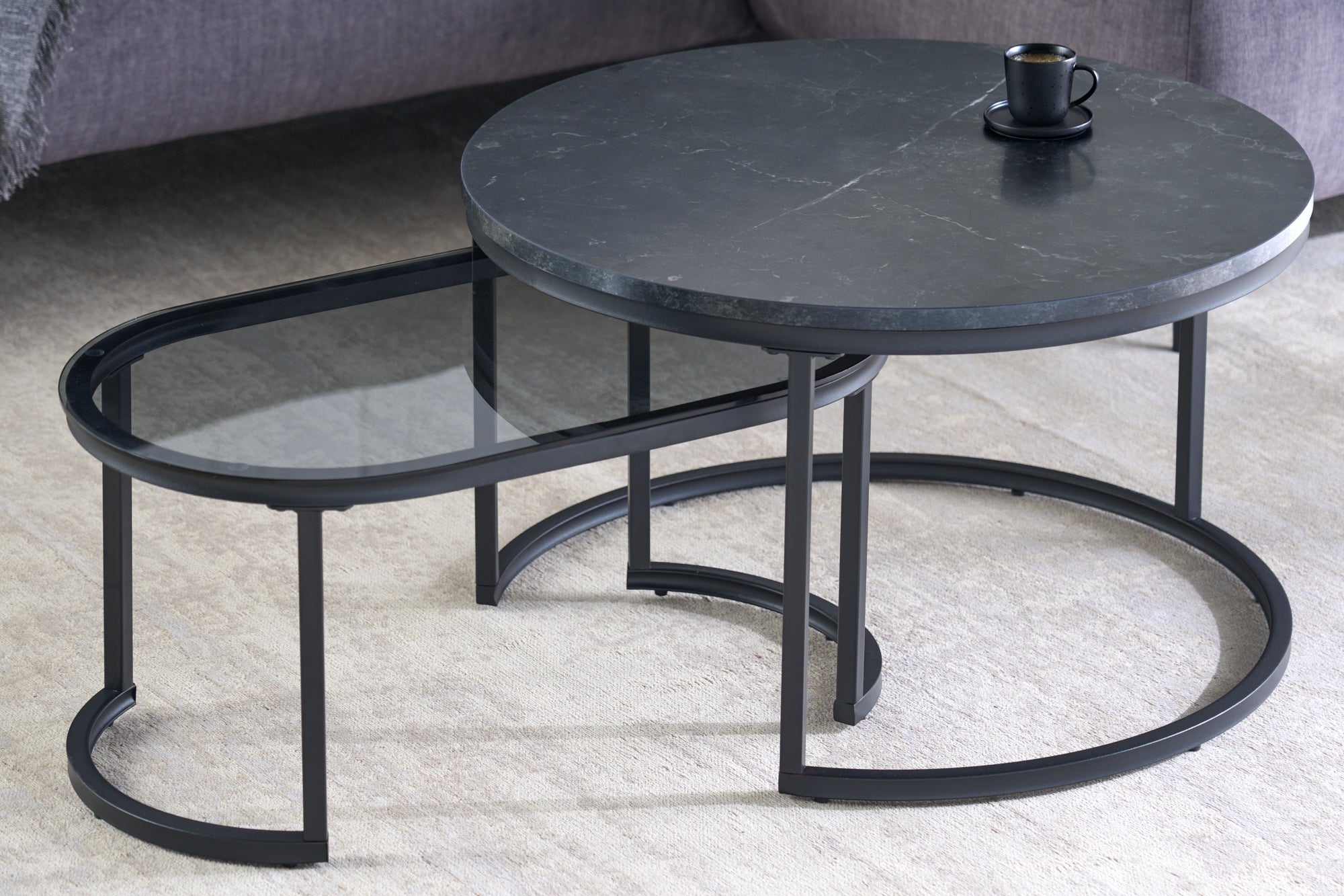Lot de 2 tables basses ELEGANCE 70cm marbre graphite design verre métal ronde ovale