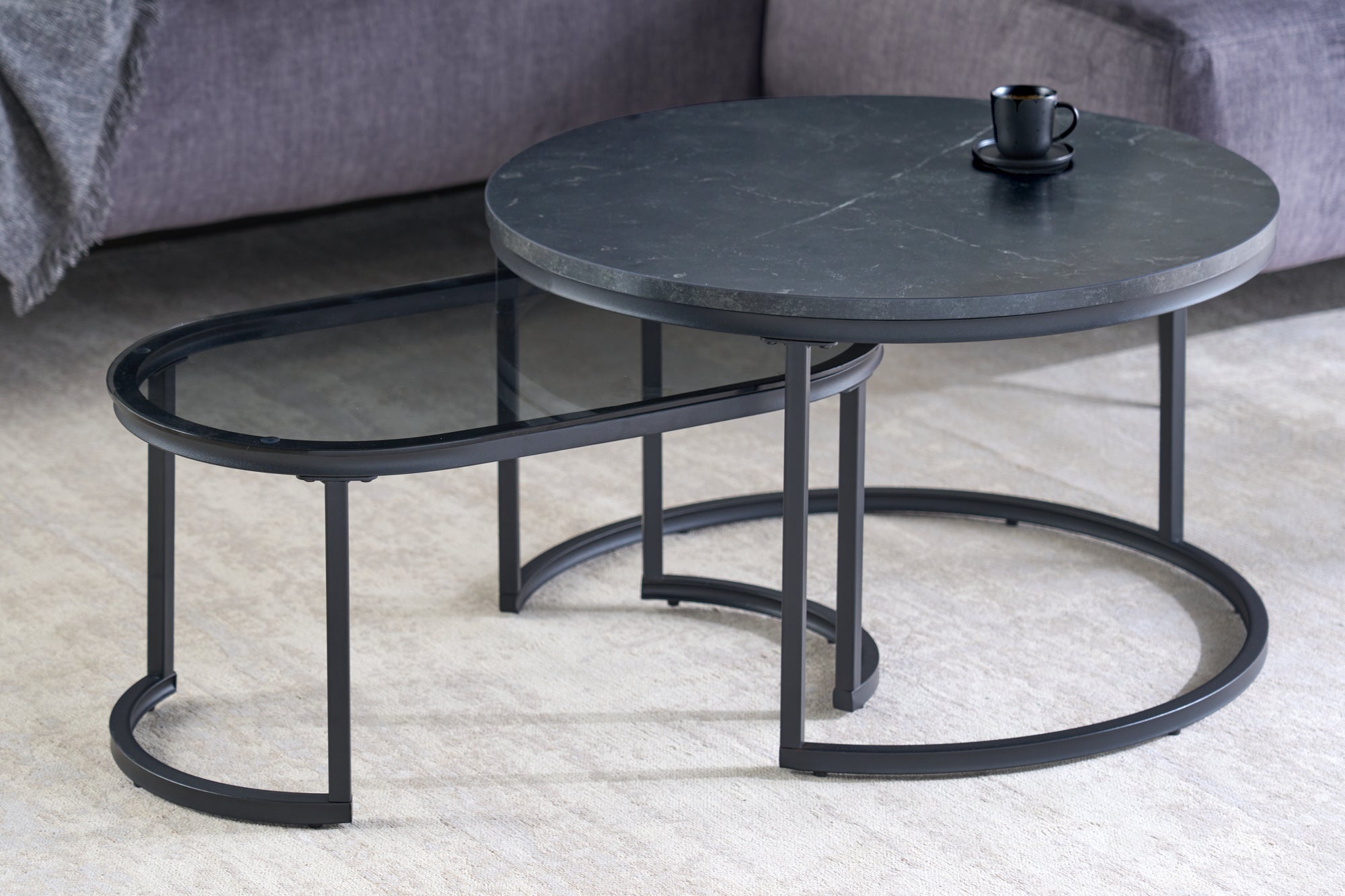 Lot de 2 tables basses ELEGANCE 70cm marbre graphite design verre métal ronde ovale