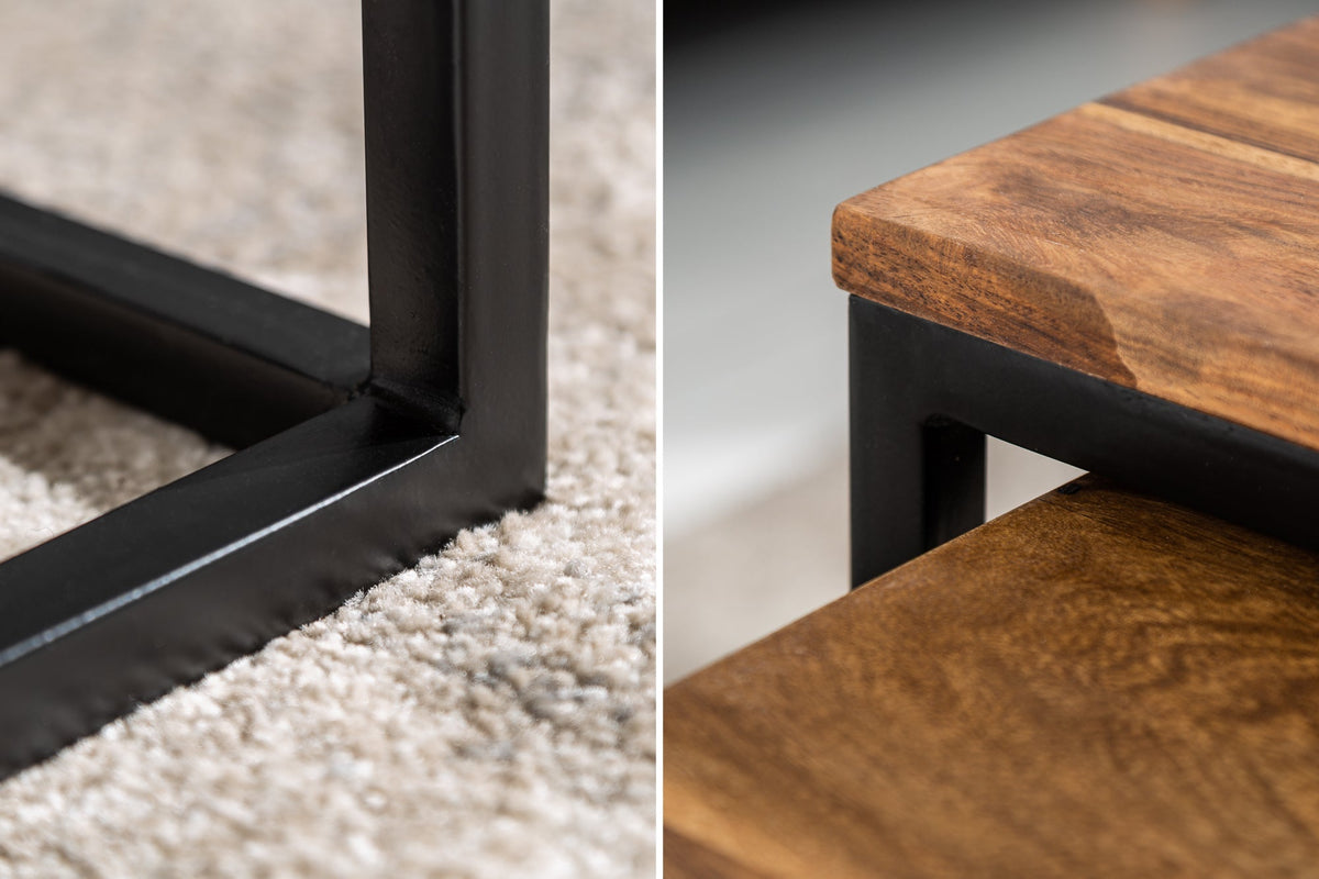 Lot de 2 tables basses ELEMENTS 65cm bois massif sheesham marron finition pierre fer noir