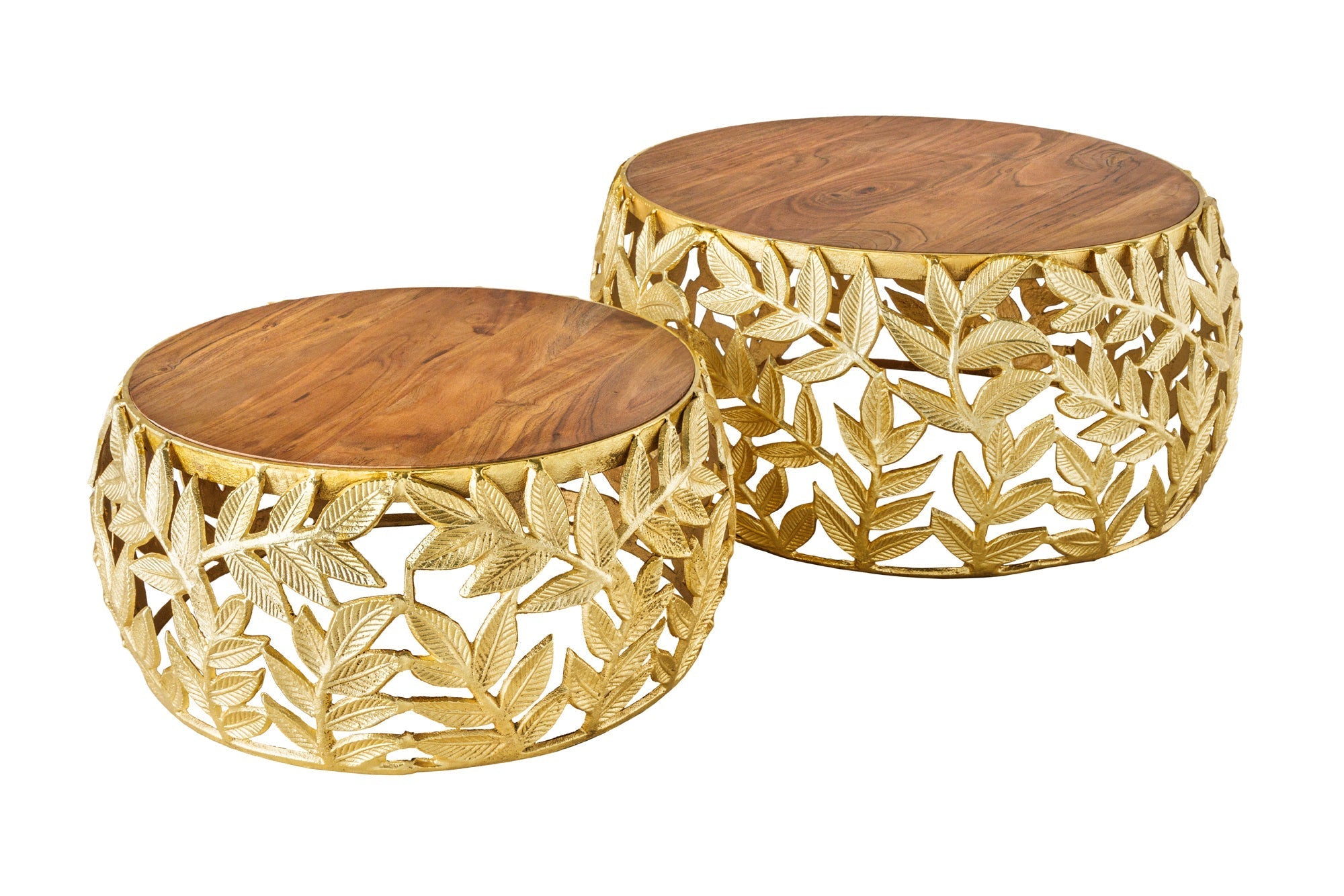 Lot de 2 tables basses rondes ABSTRACT LEAF 70cm bois massif doré naturel design feuille en métal acacia