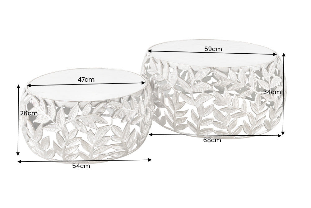 Lot de 2 tables basses rondes ABSTRACT LEAF 70cm marbre blanc argenté design feuille en métal
