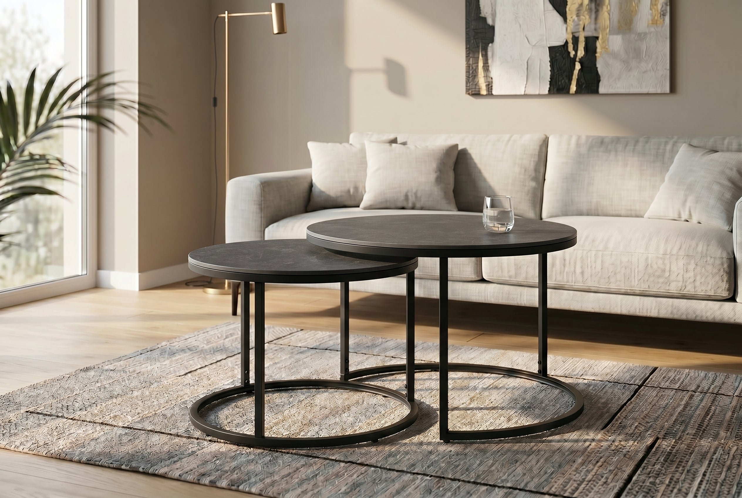 Lot de 2 tables basses rondes ELEGANCE 75cm céramique anthracite métal noir