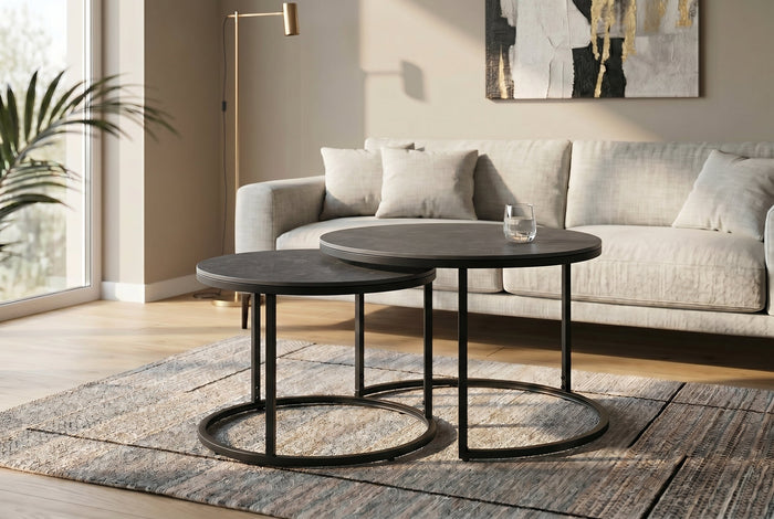 Lot de 2 tables basses rondes ELEGANCE 75cm céramique anthracite métal noir