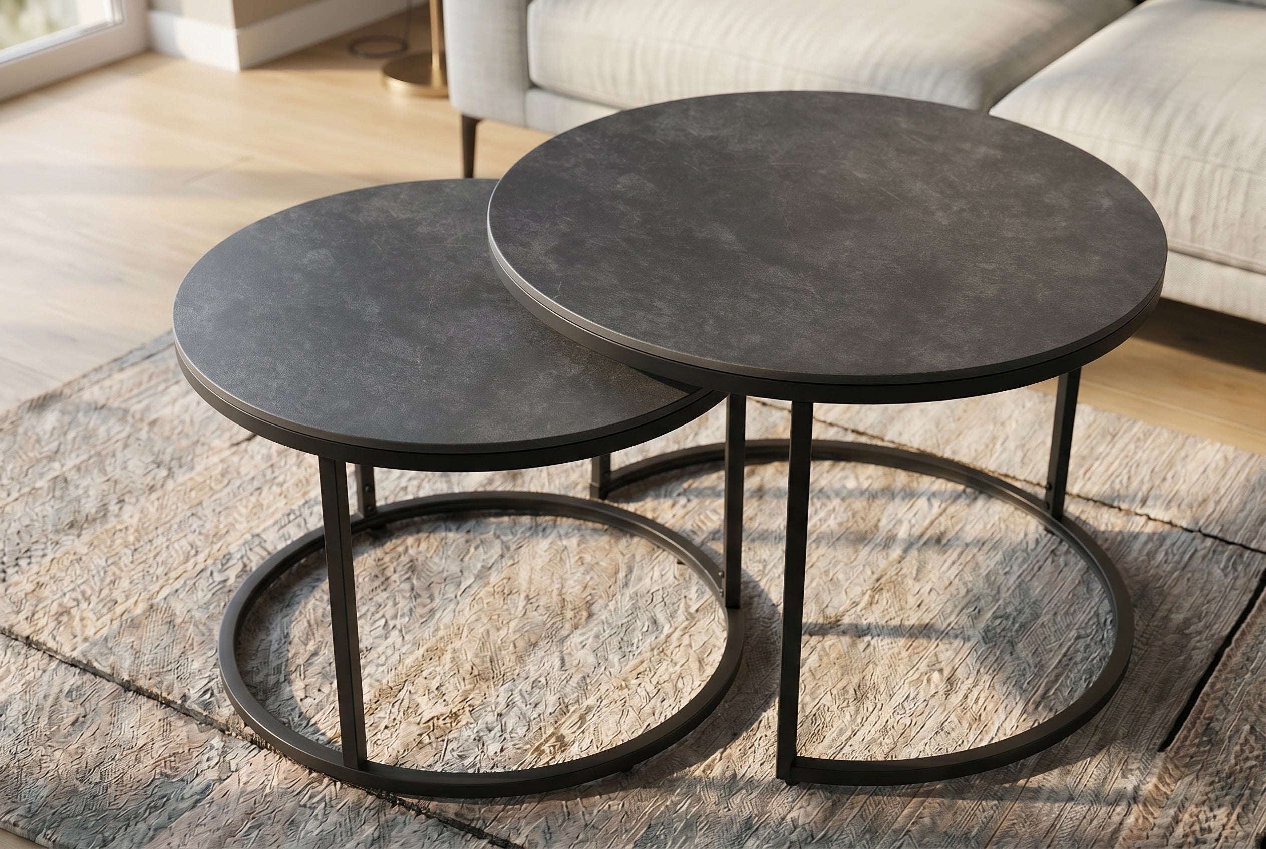 Lot de 2 tables basses rondes ELEGANCE 75cm céramique anthracite métal noir