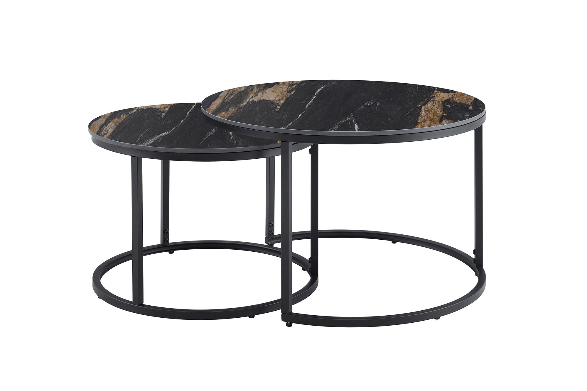 Lot de 2 tables basses rondes ELEGANCE 75cm noir doré sable Aurora Oro céramique