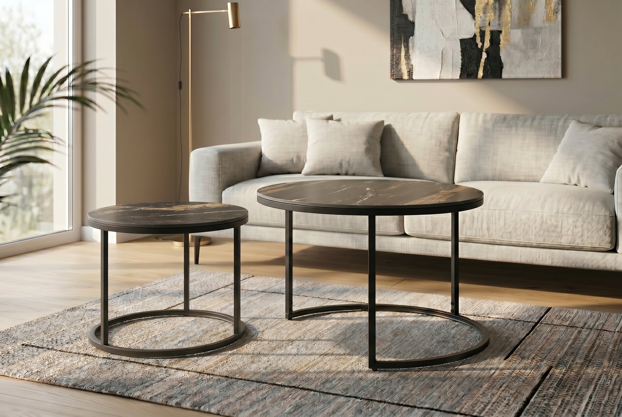 Lot de 2 tables basses rondes ELEGANCE 75cm noir doré sable Aurora Oro céramique