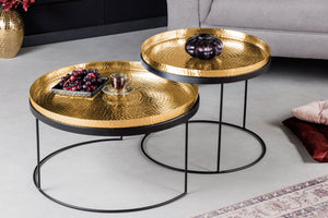 Lot de 2 tables basses rondes ELEMENTS 60cm plateau métal noir doré table d’appoint fait main