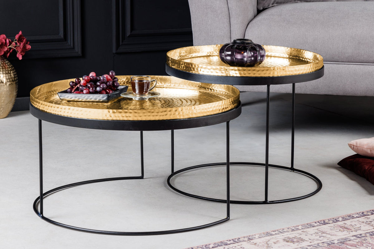 Lot de 2 tables basses rondes ELEMENTS 60cm plateau métal noir doré table d’appoint fait main