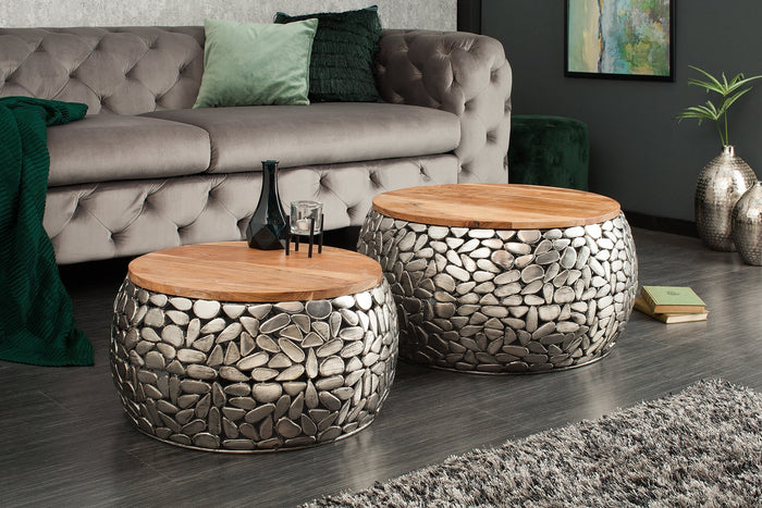 Lot de 2 tables basses rondes STONE MOSAIC 65cm bois de manguier argenté métal design mosaïque fait main