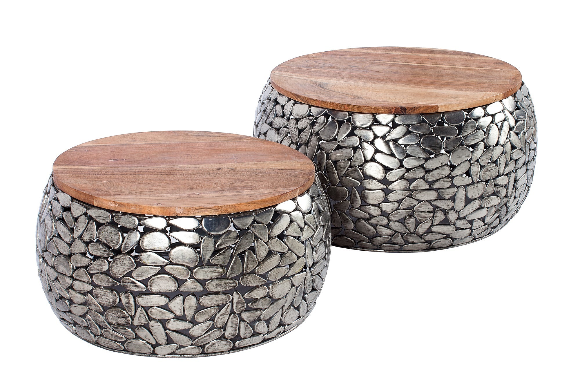 Lot de 2 tables basses rondes STONE MOSAIC 65cm bois de manguier argenté métal design mosaïque fait main
