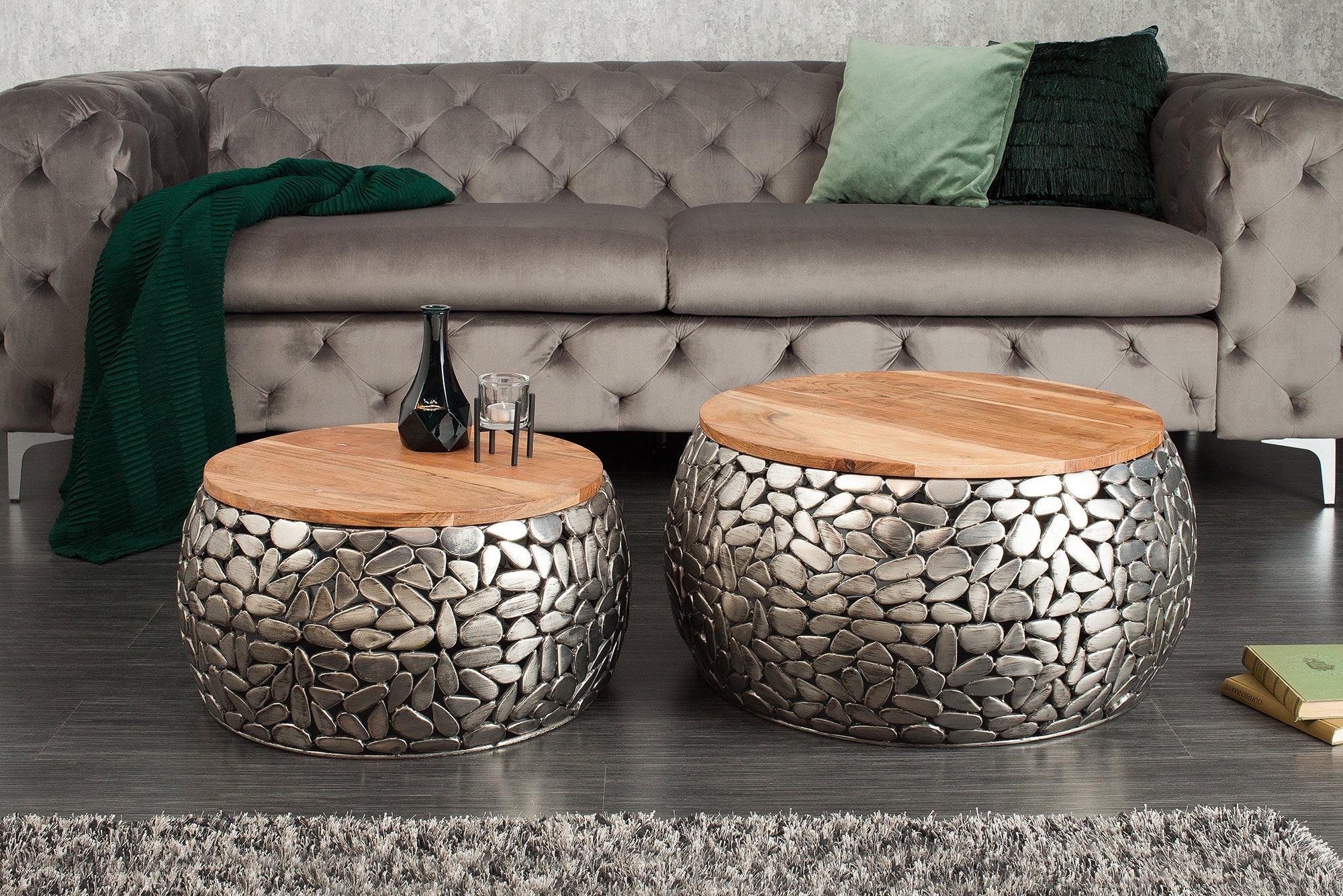 Lot de 2 tables basses rondes STONE MOSAIC 65cm bois de manguier argenté métal design mosaïque fait main