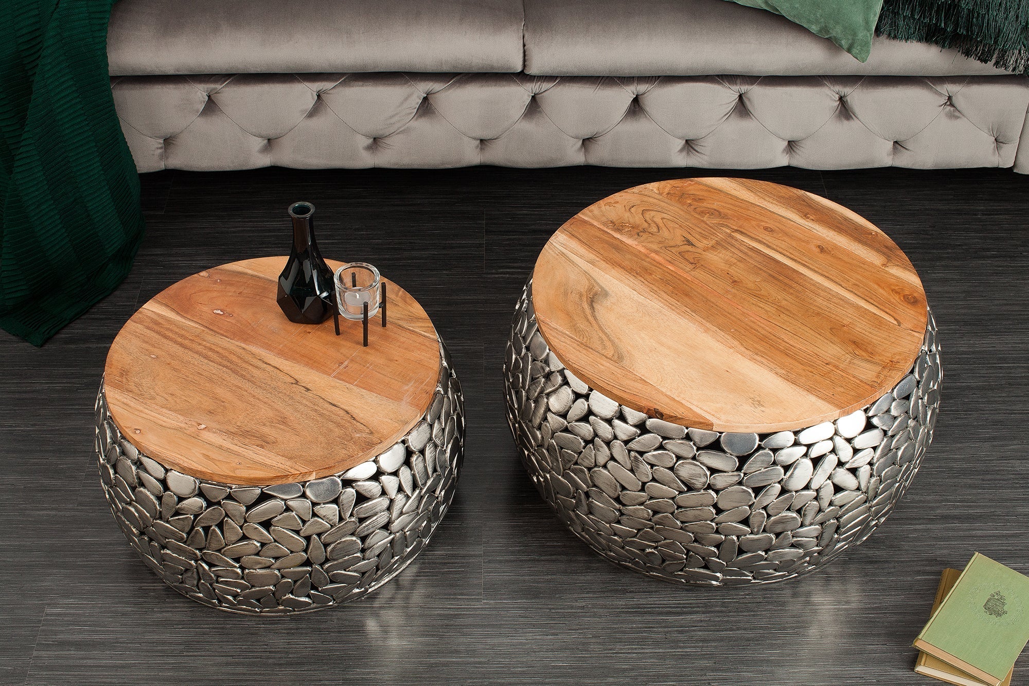 Lot de 2 tables basses rondes STONE MOSAIC 65cm bois de manguier argenté métal design mosaïque fait main