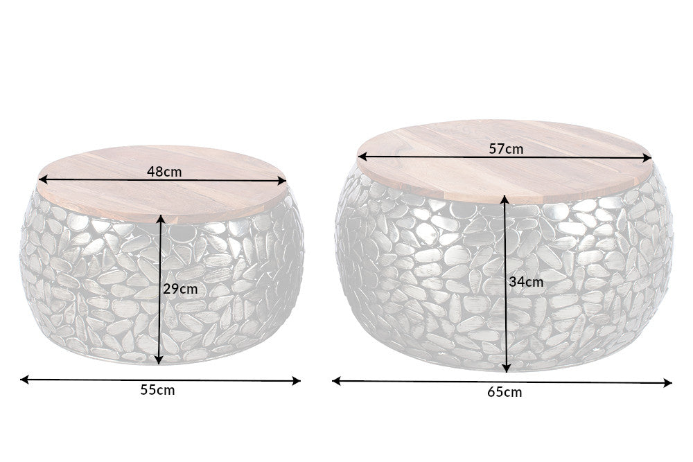 Lot de 2 tables basses rondes STONE MOSAIC 65cm bois de manguier argenté métal design mosaïque fait main