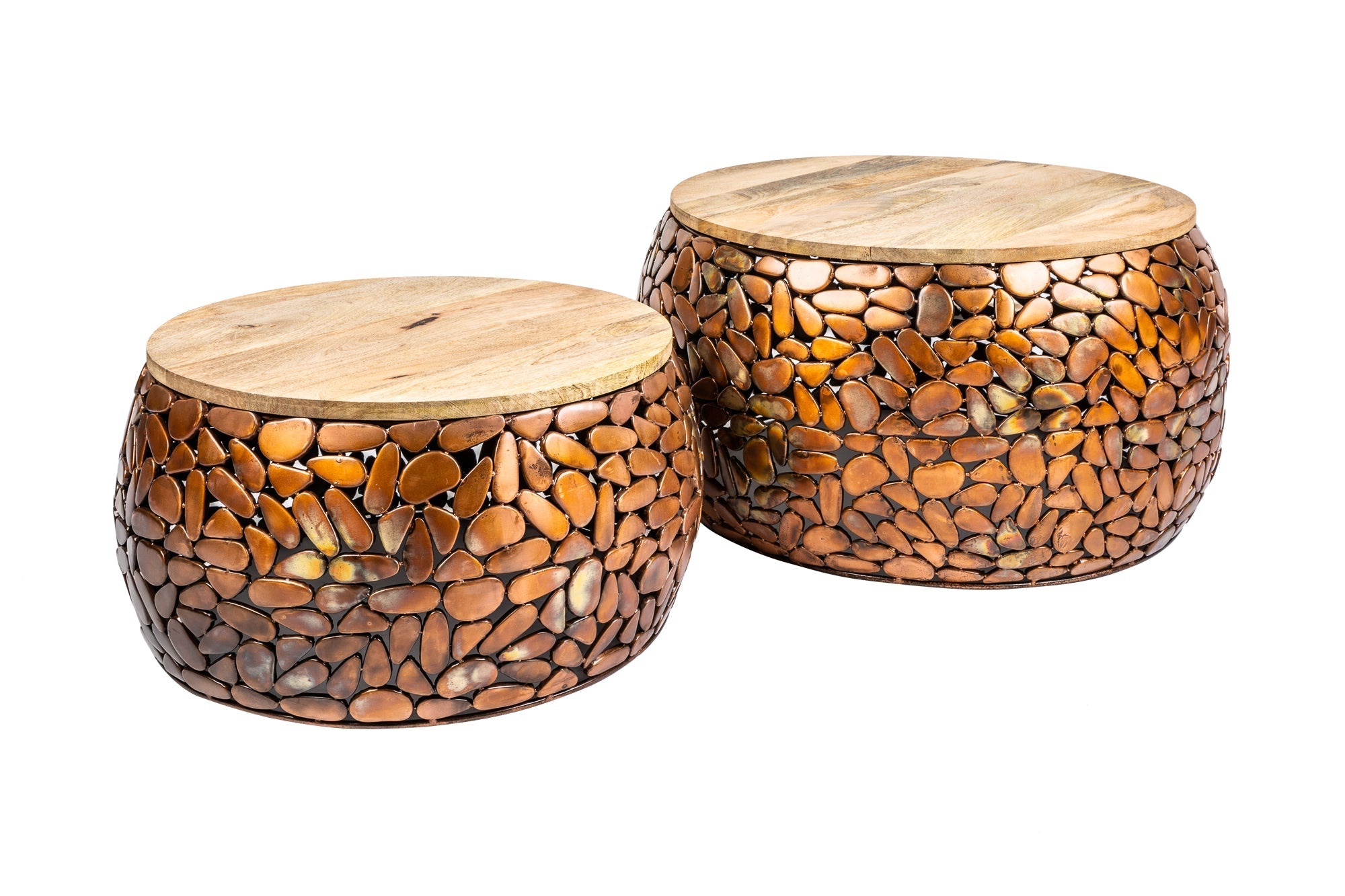 Lot de 2 tables basses rondes STONE MOSAIC 65cm cuivre manguier bois métal mosaïque design fait main