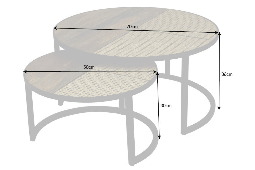 Lot de 2 tables basses VIENNA LOUNGE 70cm rondes en manguier massif tissage viennois métal noir