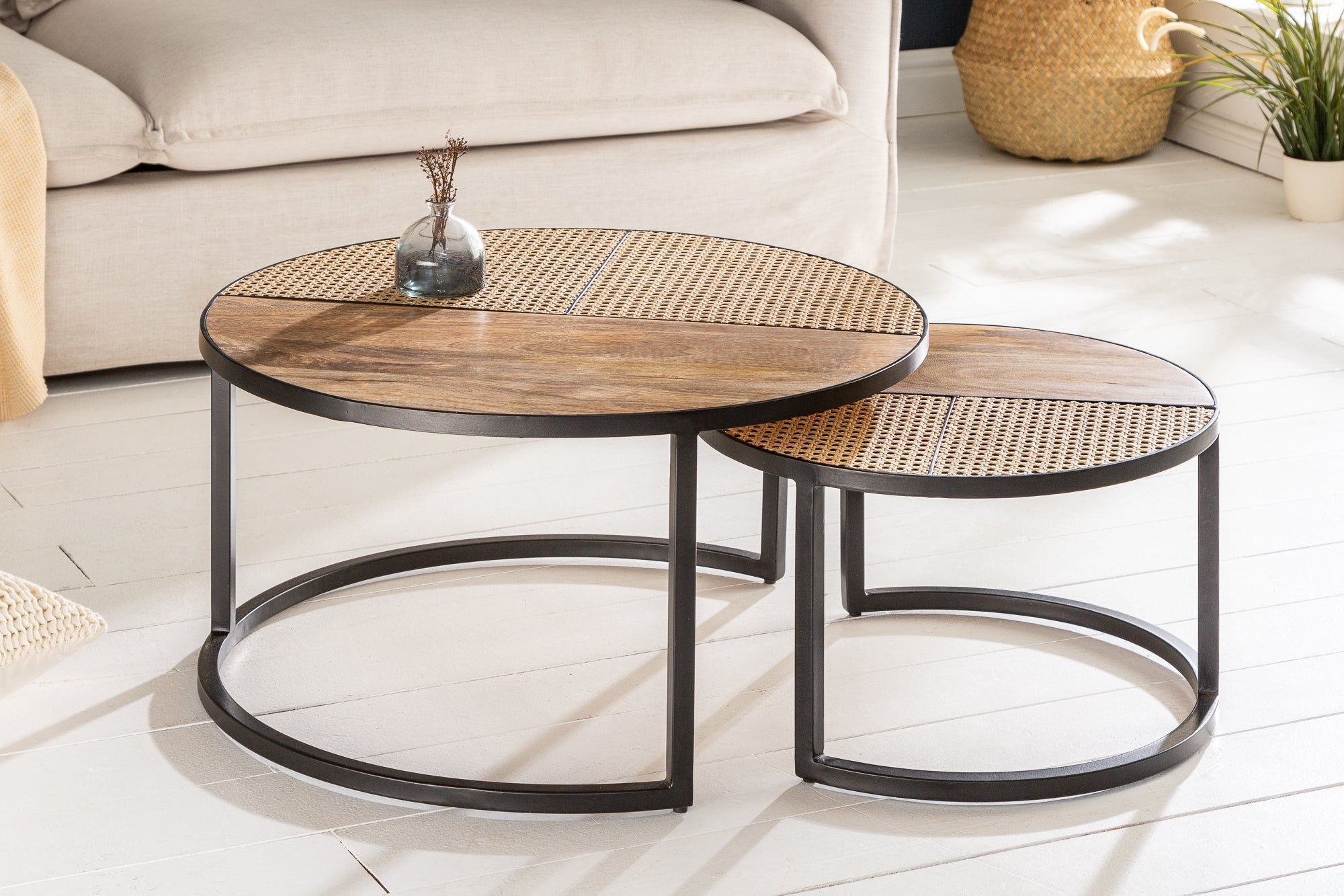 Lot de 2 tables basses VIENNA LOUNGE 70cm rondes en manguier massif tissage viennois métal noir