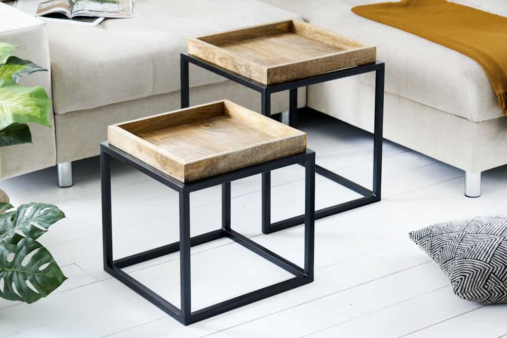 Lote de 2 mesas auxiliares SERVITEUR 50cm madera de mango natural marco de metal negro mesas de centro macizas