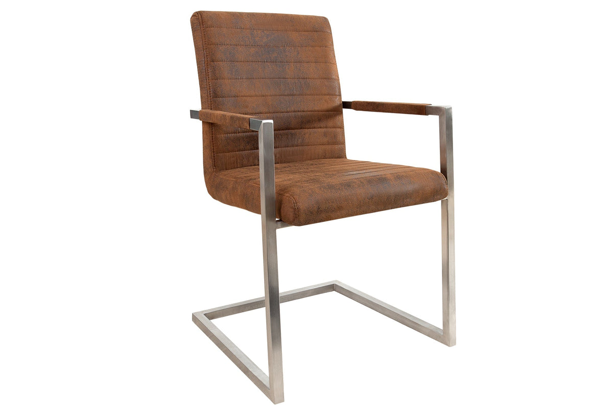 Lot de 2x Chaise cantilever industrielle LOFT vintage en microfibre marron avec accoudoir en acier inoxydable