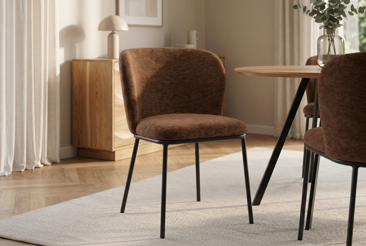 Lot de 2x Chaise design LYON brun Chenille pieds métal noir