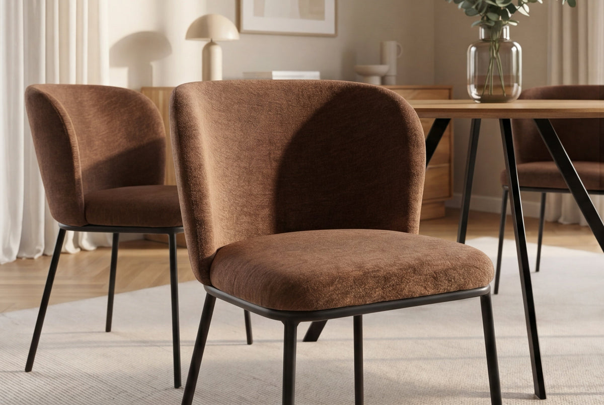 Lot de 2x Chaise design LYON brun Chenille pieds métal noir