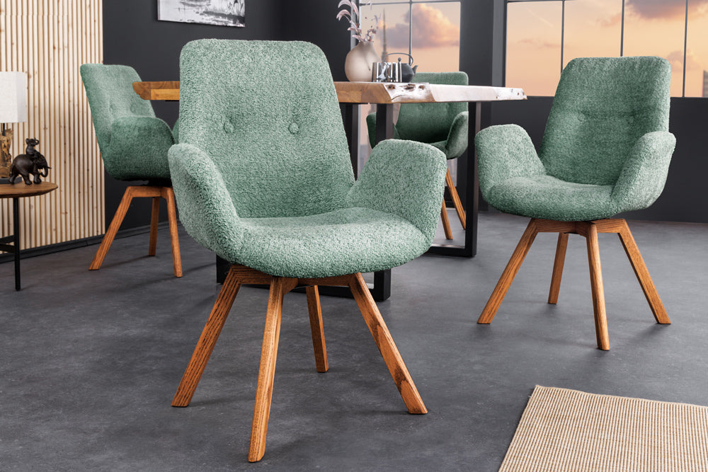 Lot de 2x Chaise design pivotante BALTIC menthe Bouclé naturel Pieds en chêne massif avec accoudoirs