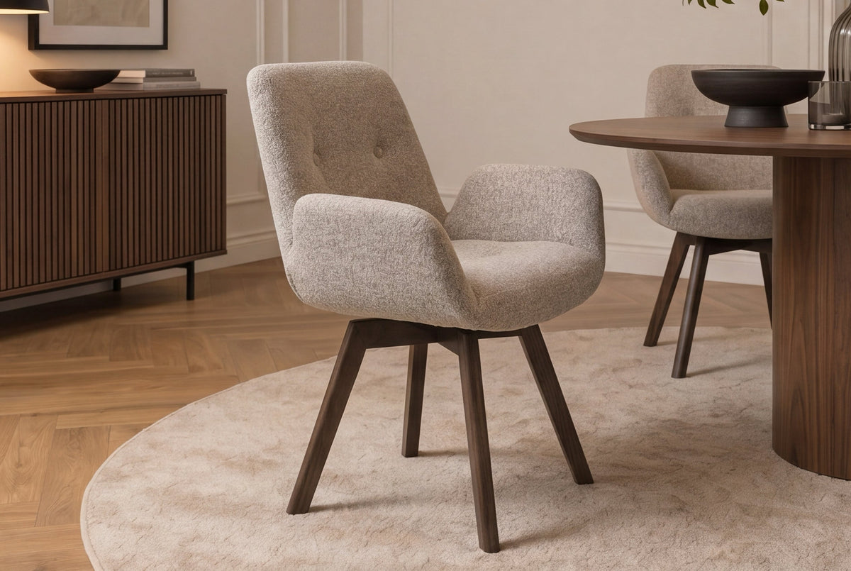 Lot de 2x Chaise design pivotante BALTIC taupe Bouclé Tweed Soft Chêne massif noyer