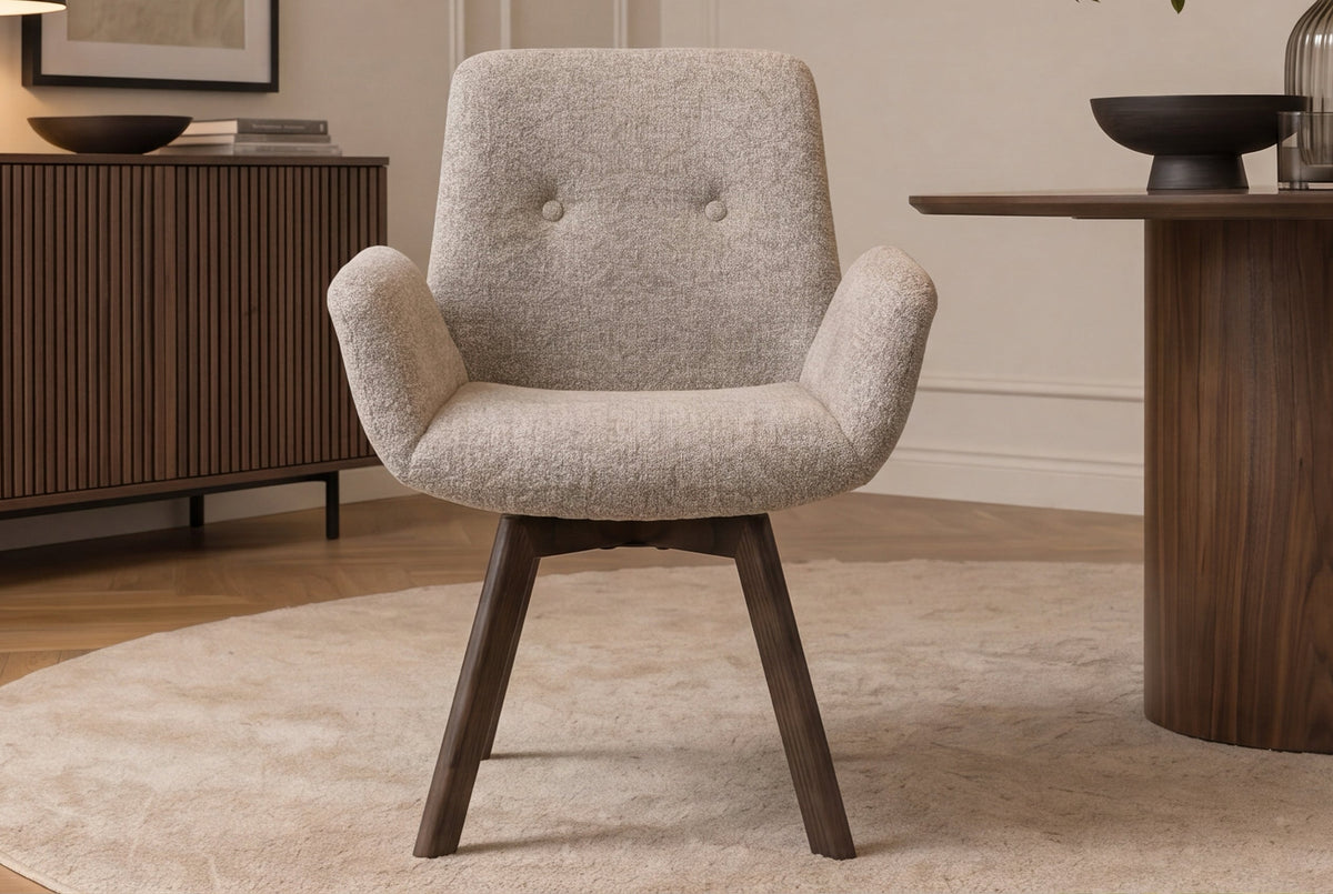 Lot de 2x Chaise design pivotante BALTIC taupe Bouclé Tweed Soft Chêne massif noyer