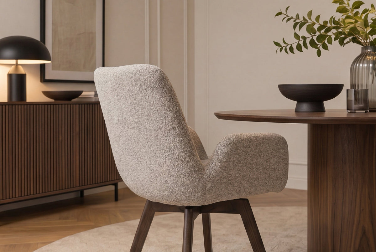 Lot de 2x Chaise design pivotante BALTIC taupe Bouclé Tweed Soft Chêne massif noyer