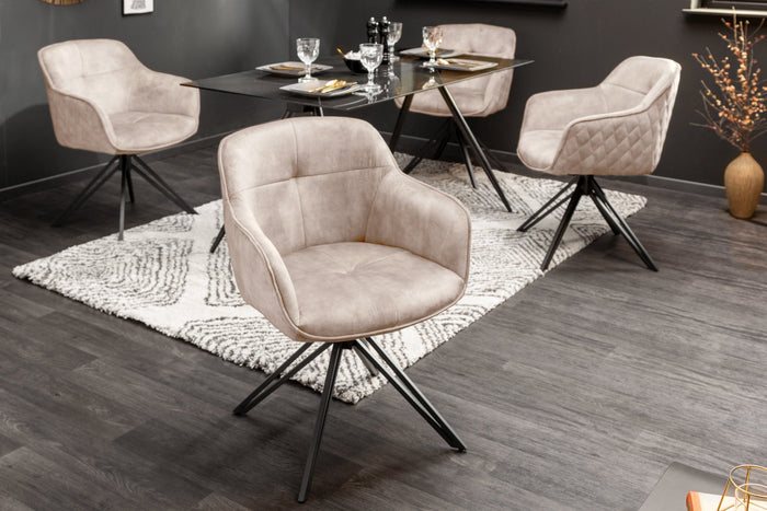 Lot de 2x Chaise design pivotante EUPHORIA champagne grège velours avec accoudoir piétement métal noir