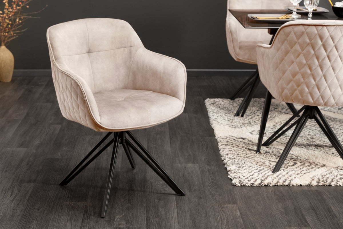 Lot de 2x Chaise design pivotante EUPHORIA champagne grège velours avec accoudoir piétement métal noir