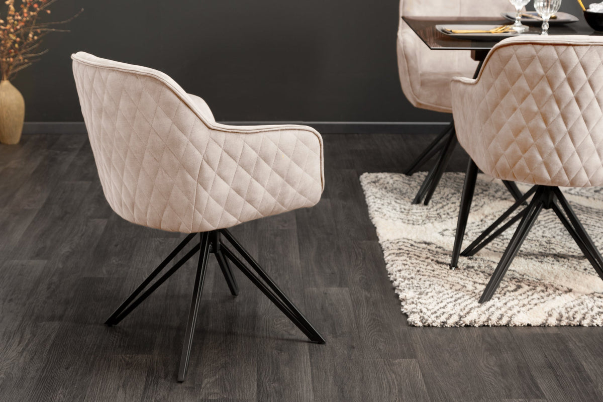 Lot de 2x Chaise design pivotante EUPHORIA champagne grège velours avec accoudoir piétement métal noir