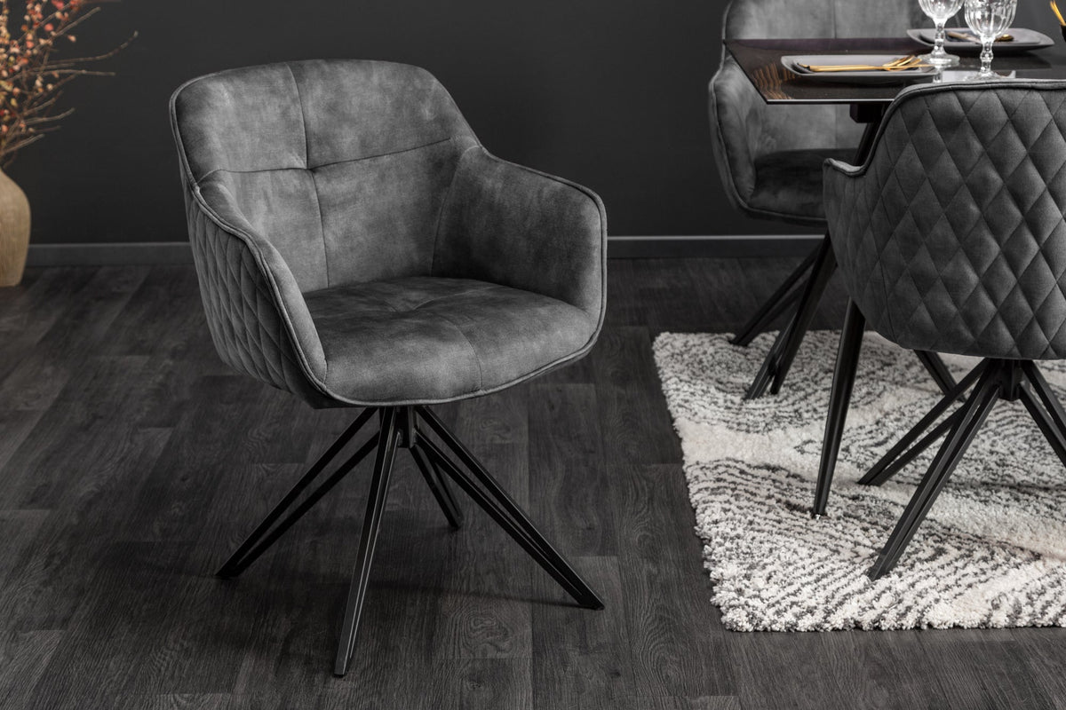 Lot de 2x Chaise design pivotante EUPHORIA velours gris foncé avec accoudoir piètement métal noir (réf. 40263)