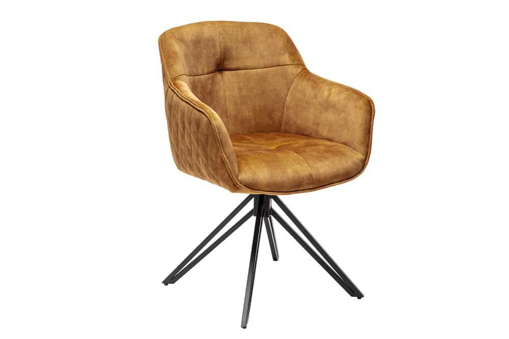 Lot de 2x Chaise design pivotante EUPHORIA velours jaune moutarde avec accoudoir piètement métallique noir