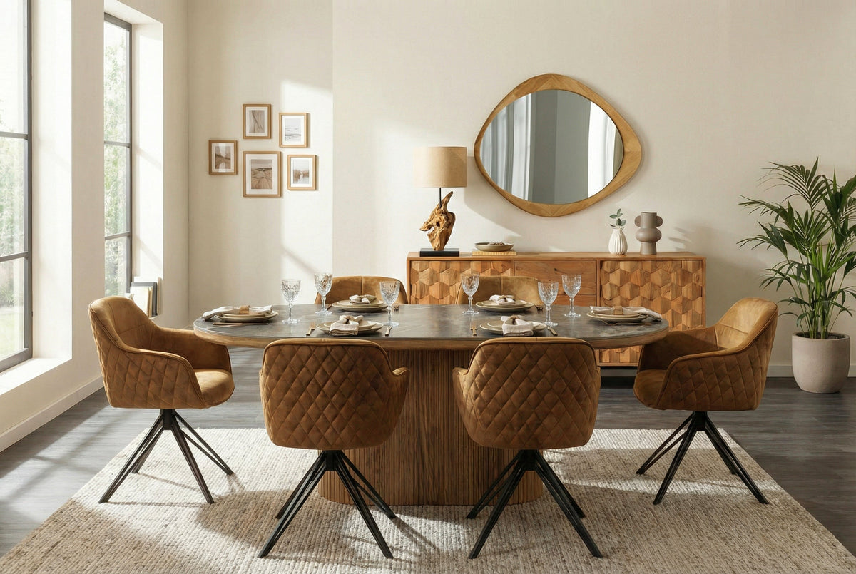 Lot de 2x Chaise design pivotante EUPHORIA velours jaune moutarde avec accoudoir piètement métallique noir