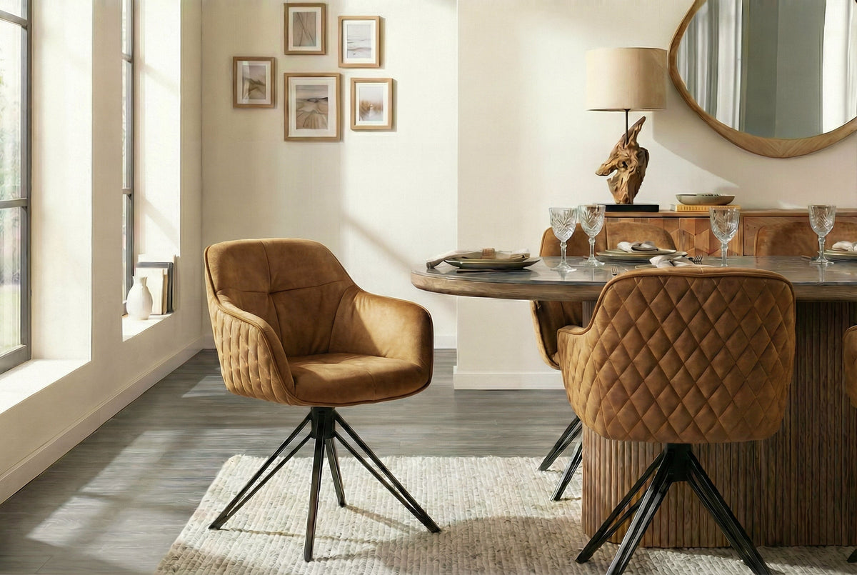 Lot de 2x Chaise design pivotante EUPHORIA velours jaune moutarde avec accoudoir piètement métallique noir