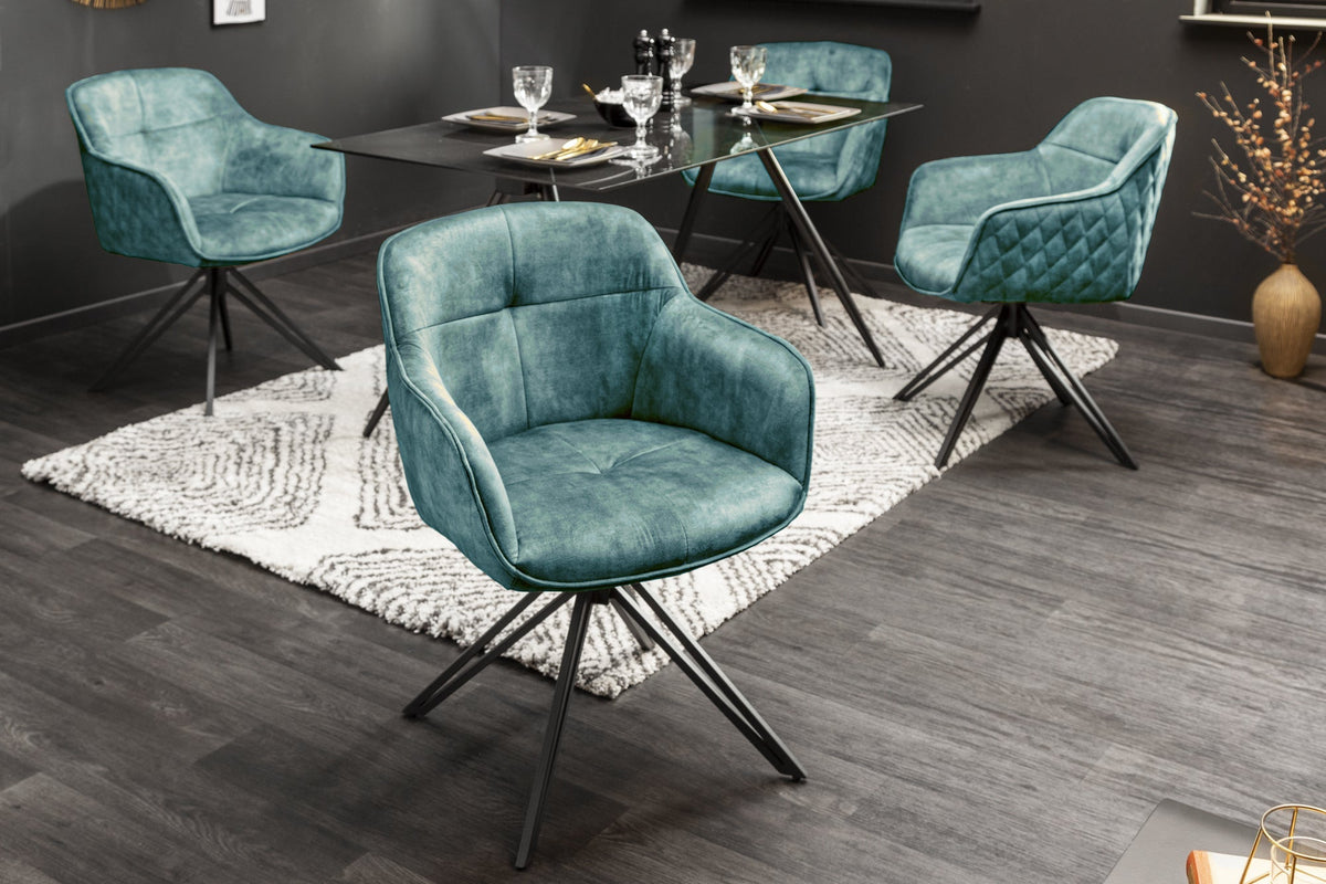 Lot de 2x Chaise design pivotante EUPHORIA velours pétrole avec accoudoir piètement métal noir