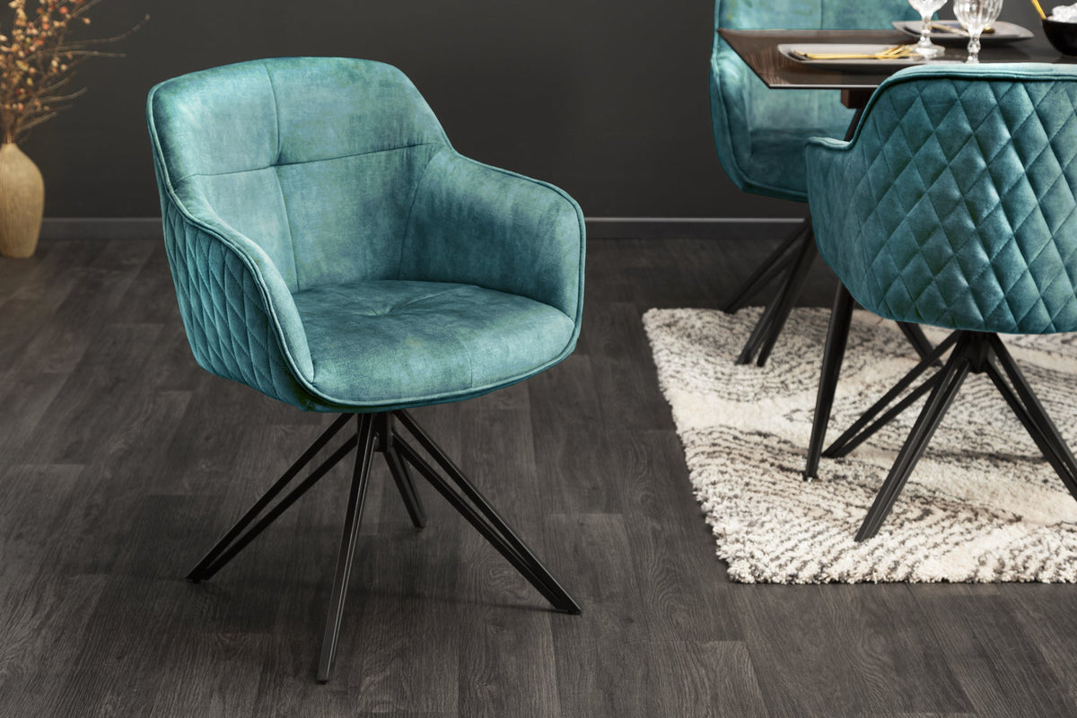 Lot de 2x Chaise design pivotante EUPHORIA velours pétrole avec accoudoir piètement métal noir