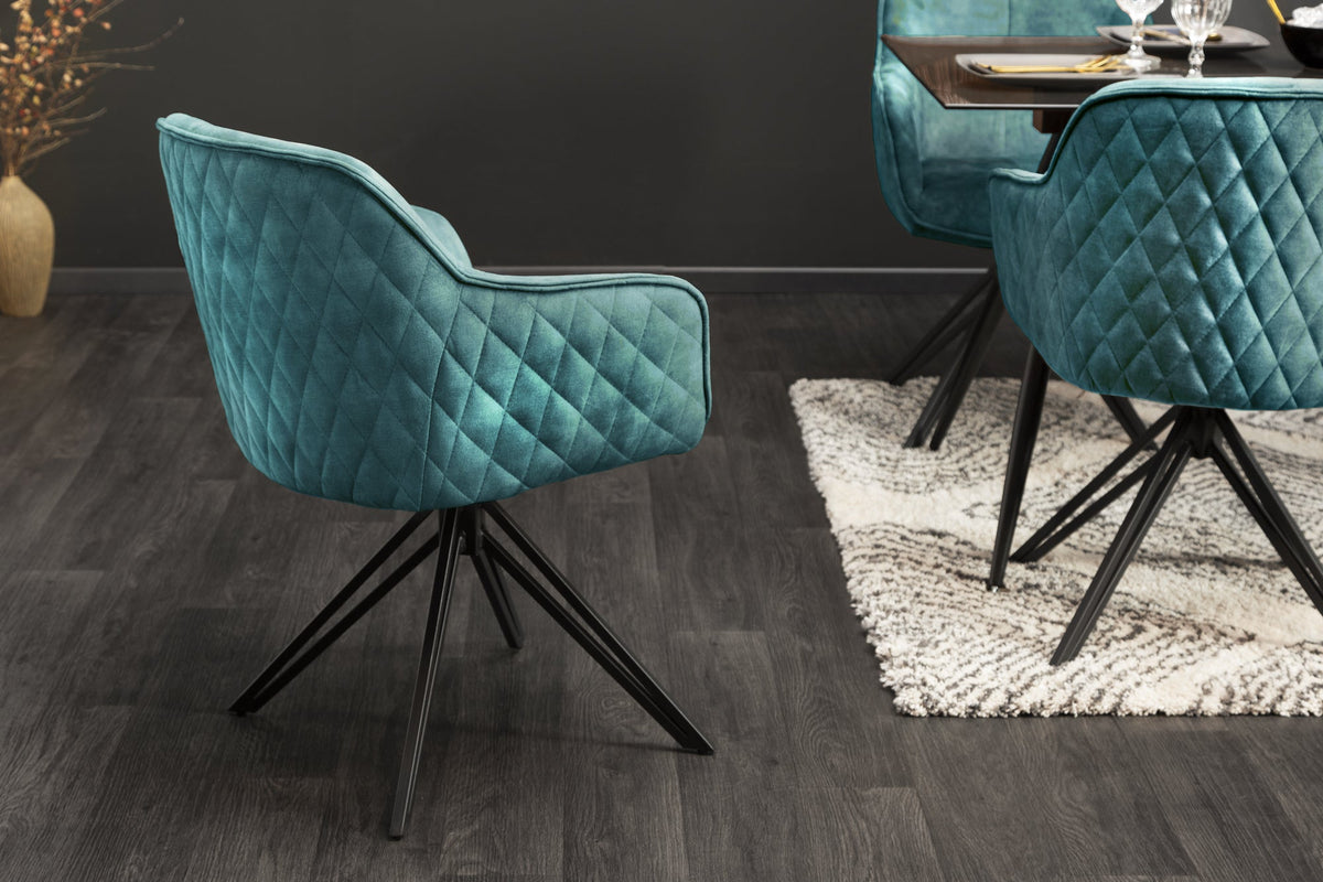 Lot de 2x Chaise design pivotante EUPHORIA velours pétrole avec accoudoir piètement métal noir