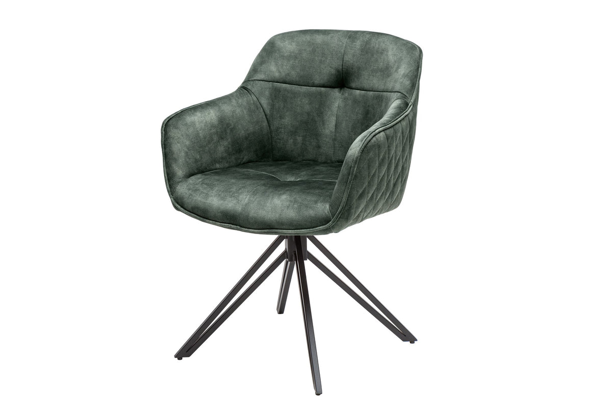 Lot de 2x Chaise design pivotante EUPHORIA velours vert foncé avec accoudoir, piètement métallique noir (réf. 40261)