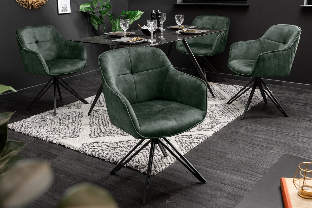 Lot de 2x Chaise design pivotante EUPHORIA velours vert foncé avec accoudoir, piètement métallique noir (réf. 40261)