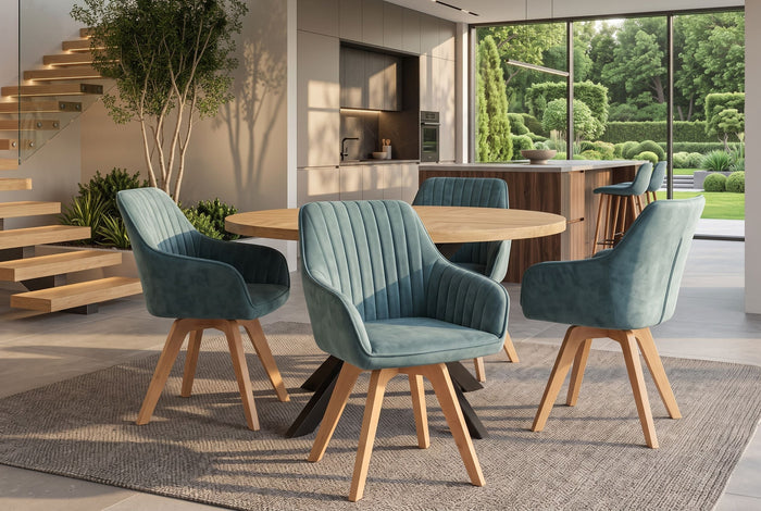 Lot de 2x Chaise design pivotante LIVORNO bleu pétrole velours pieds en hêtre avec accoudoirs