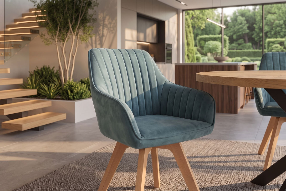 Lot de 2x Chaise design pivotante LIVORNO bleu pétrole velours pieds en hêtre avec accoudoirs