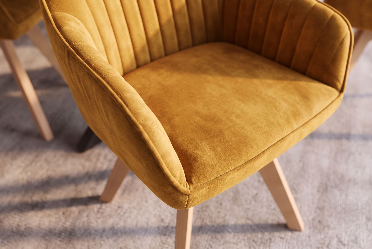 Lot de 2x Chaise design pivotante LIVORNO jaune moutarde velours pieds en bois de hêtre avec accoudoirs