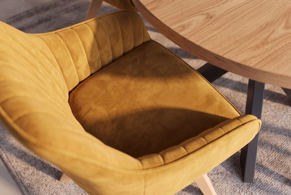 Lot de 2x Chaise design pivotante LIVORNO jaune moutarde velours pieds en bois de hêtre avec accoudoirs