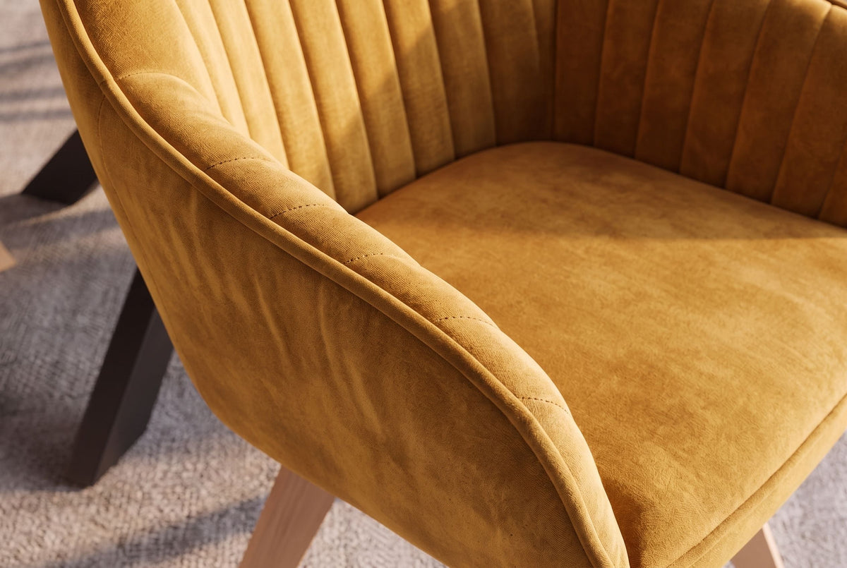 Lot de 2x Chaise design pivotante LIVORNO jaune moutarde velours pieds en bois de hêtre avec accoudoirs