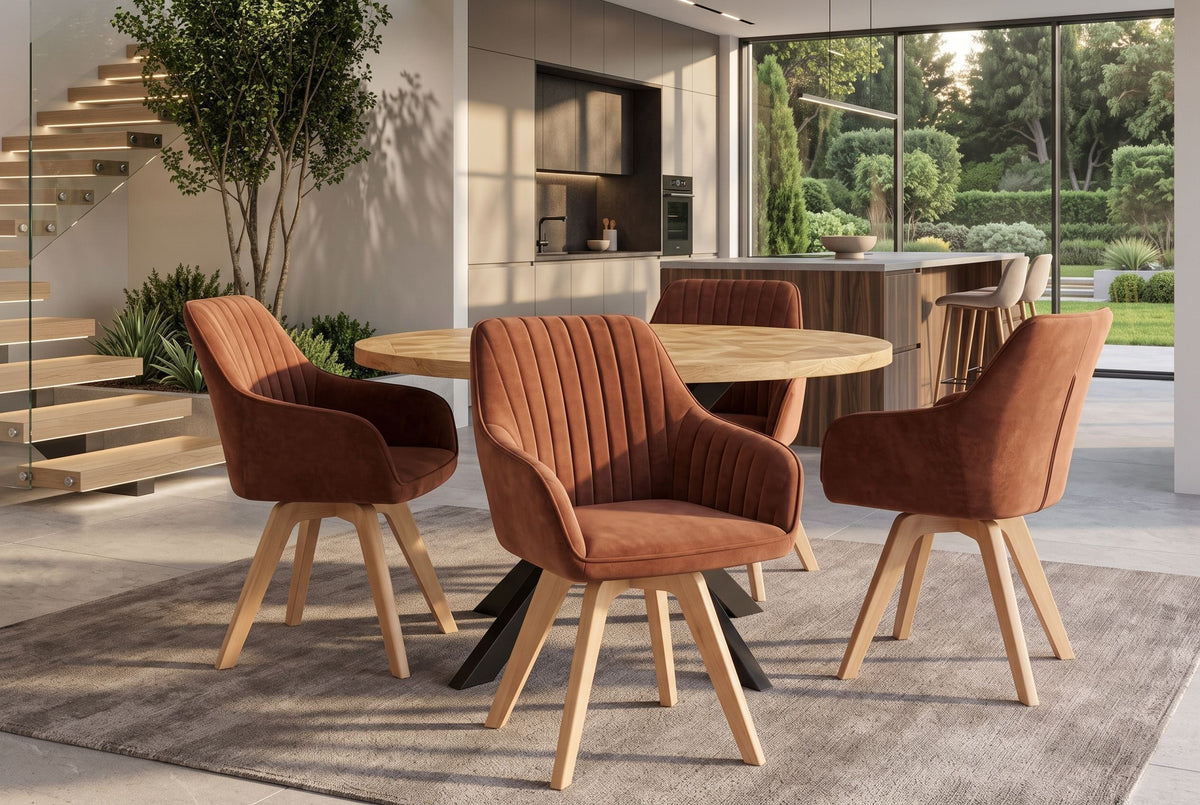 Lot de 2x Chaise design pivotante LIVORNO velours brun rouille pieds en bois de hêtre avec accoudoirs
