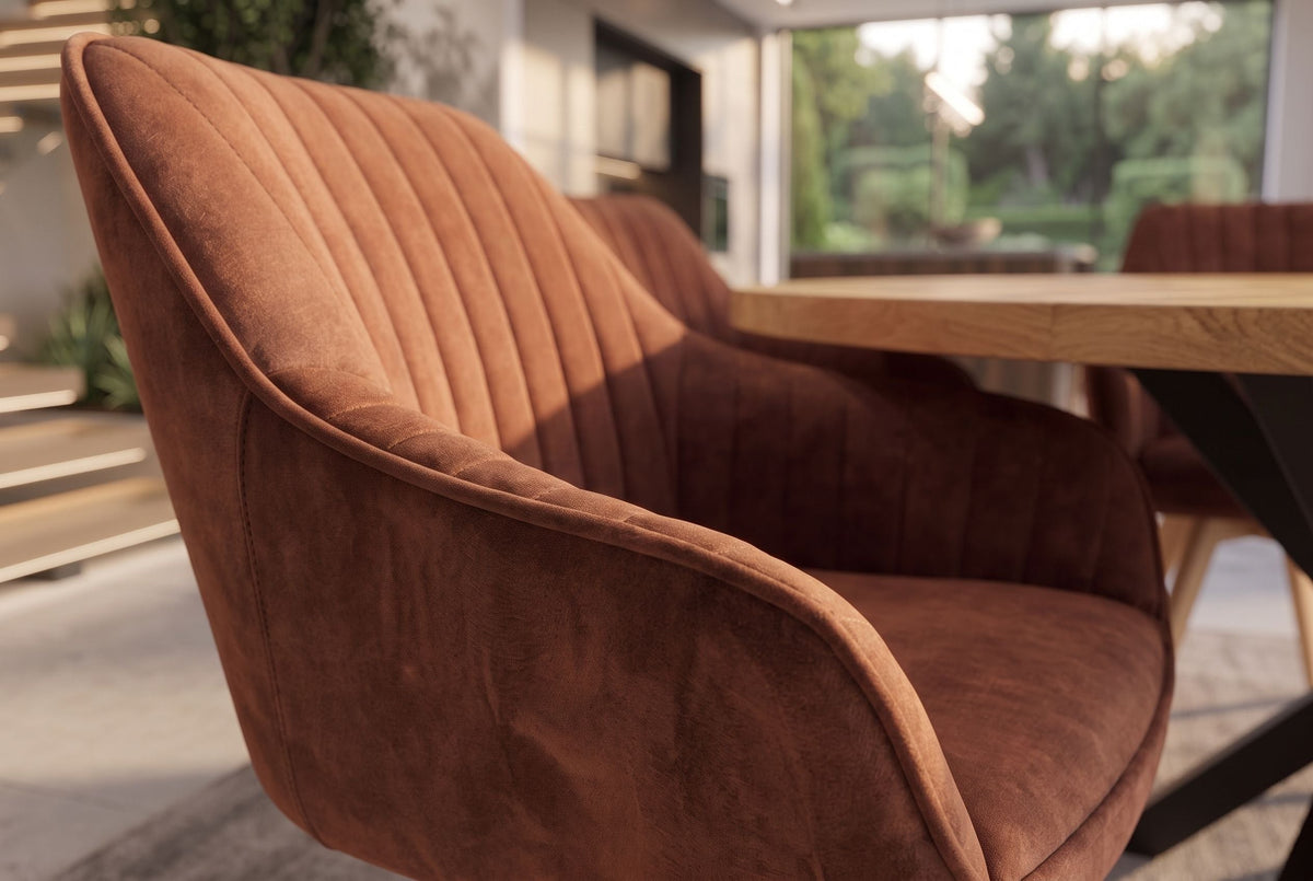 Lot de 2x Chaise design pivotante LIVORNO velours brun rouille pieds en bois de hêtre avec accoudoirs